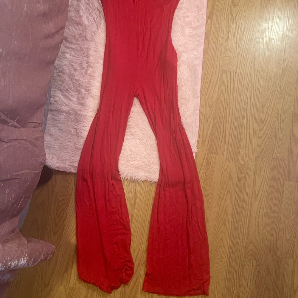 Cute, red ,flare leg jumpsuit.
